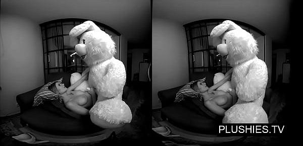  3D VR porn video, Lucy K sucking and jerking off teddy bear and receiving cum on tits